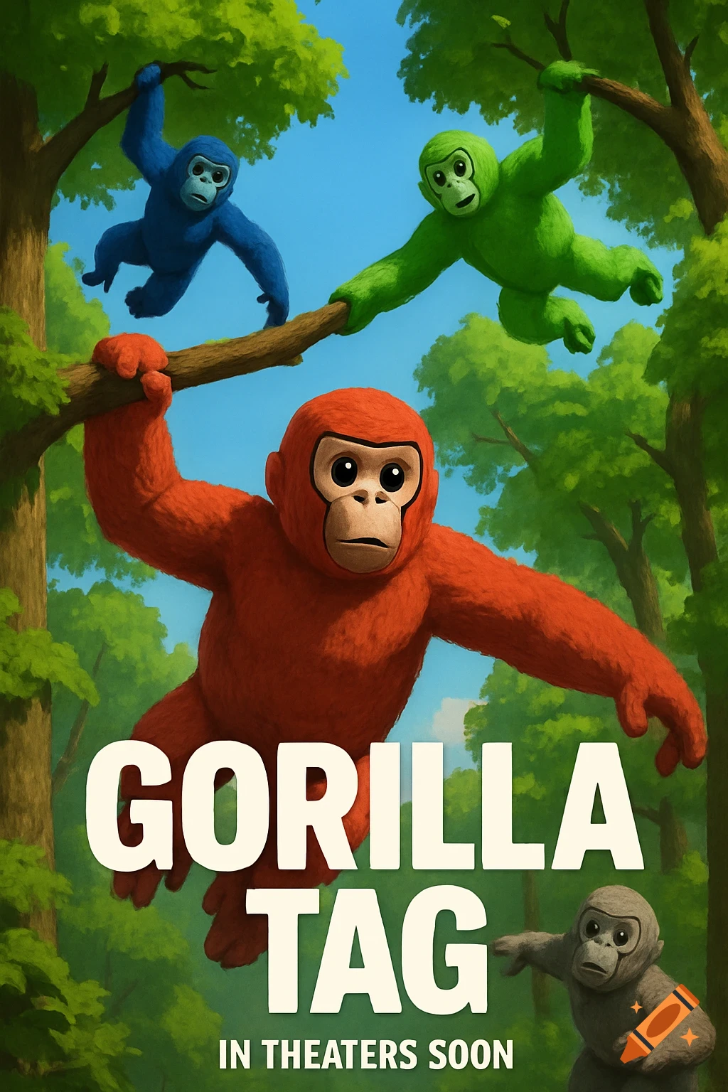 Colorful cartoon gorillas swing in trees, with text 'GORILLA TAG IN THEATERS SOON' like a movie poster.