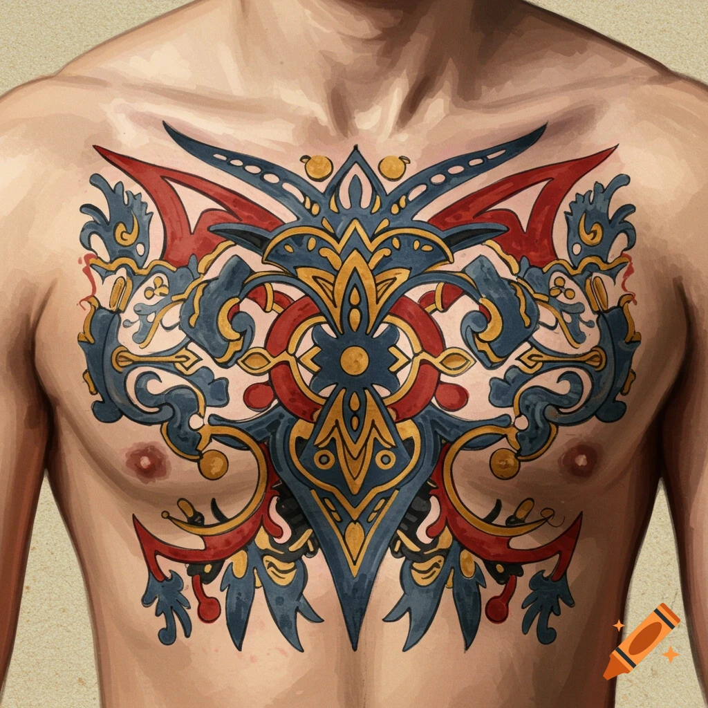 Ornate blue, red, and gold tattoo design on a man's chest in a painted style.