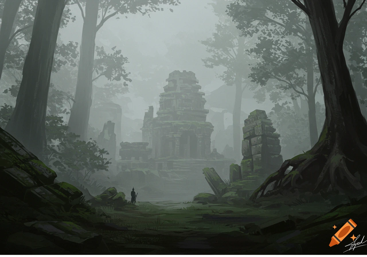 Misty forest landscape with ancient ruins and a lone figure