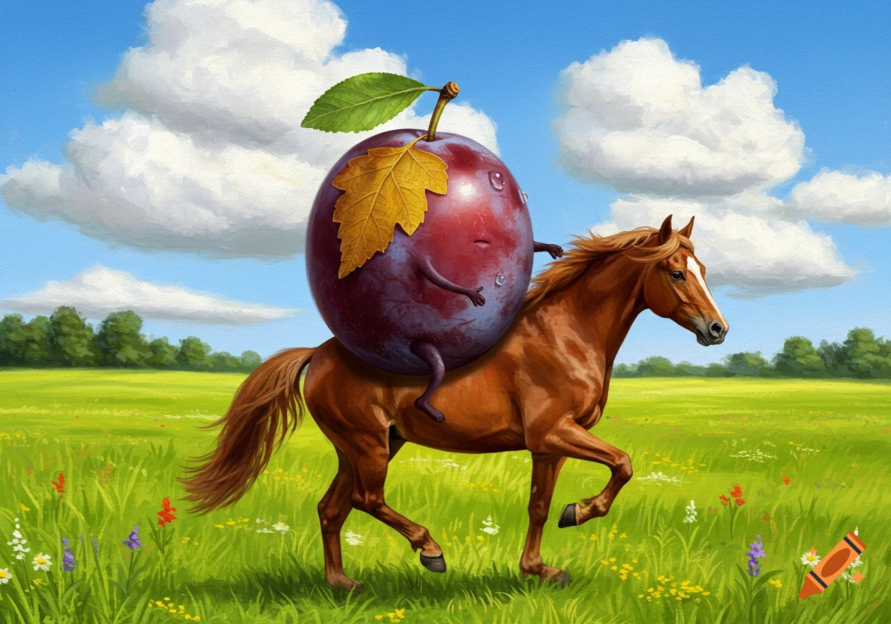 A whimsical plum with a face rides a horse in a field.