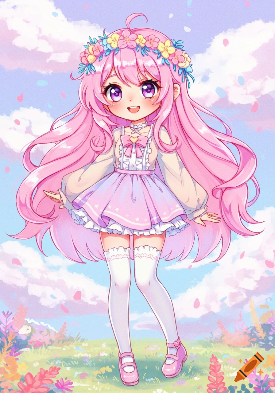 Cute anime illustration of a girl with pink hair and a flower crown in ...