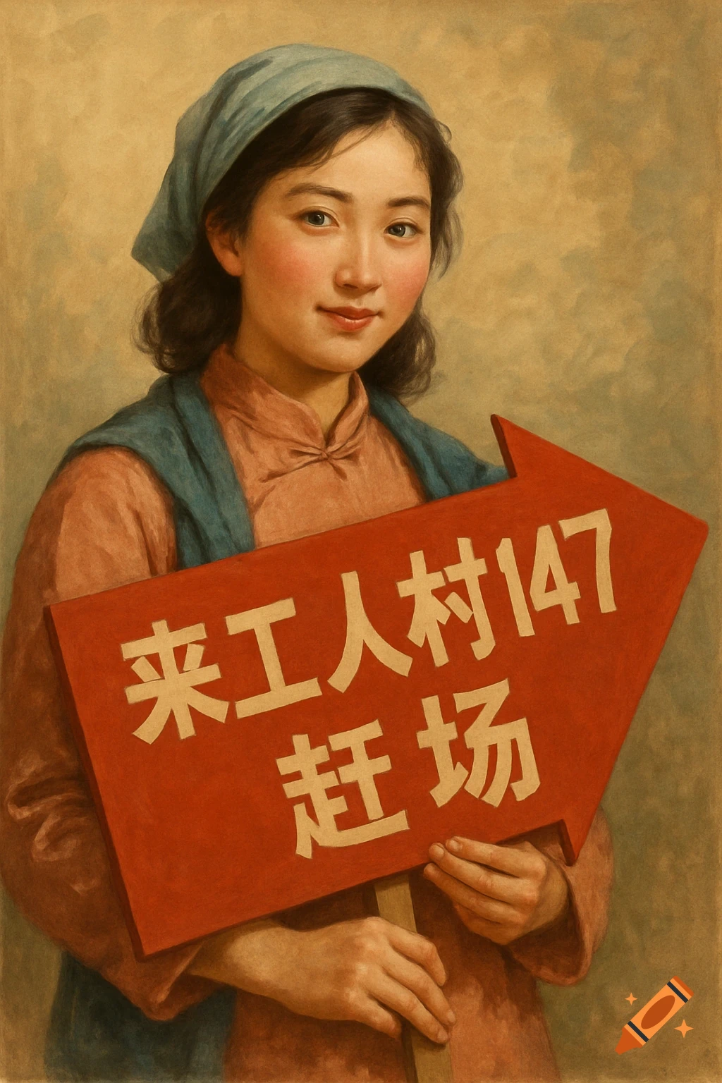 portrait-painting-of-a-woman-holding-a-red-arrow-sign-with-chinese-text