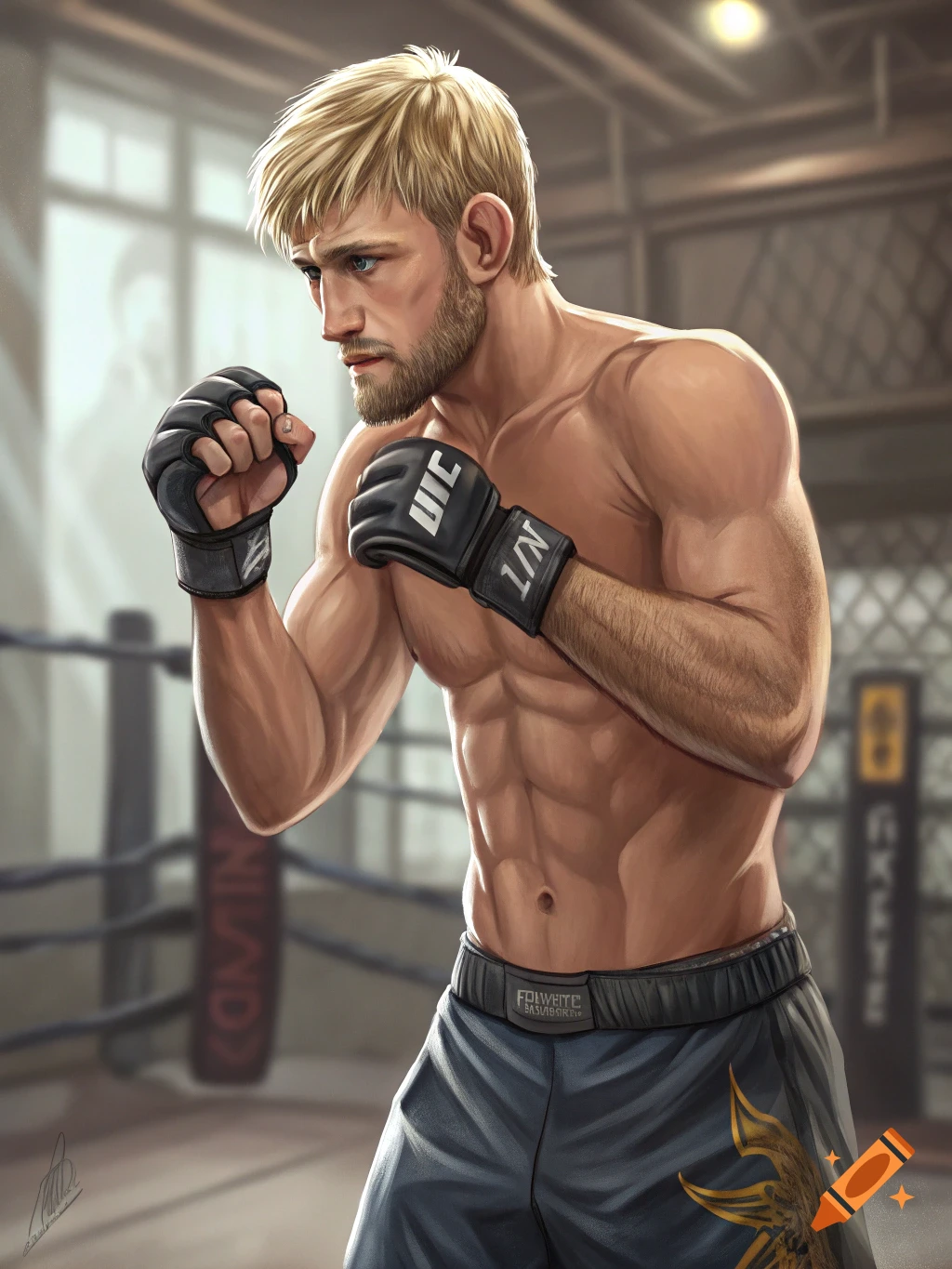 Illustration of a male fighter in a boxing ring, wearing UFC gloves and shorts.