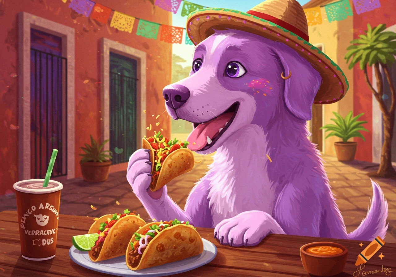 A purple cartoon dog wearing a sombrero eats tacos in a Mexican town square.