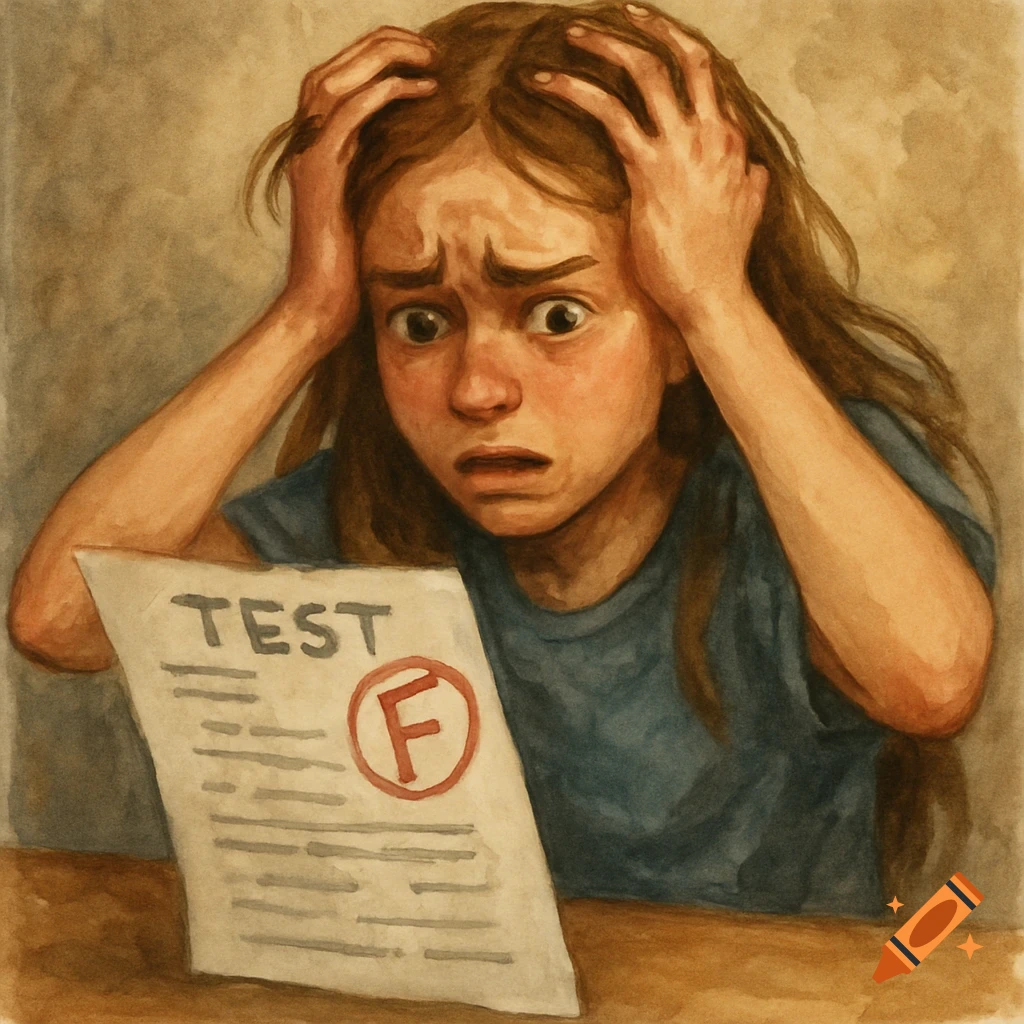 A young girl looks stressed and distraught while staring at a test paper with a large red 'F' grade on it, in a watercolor illustration style.