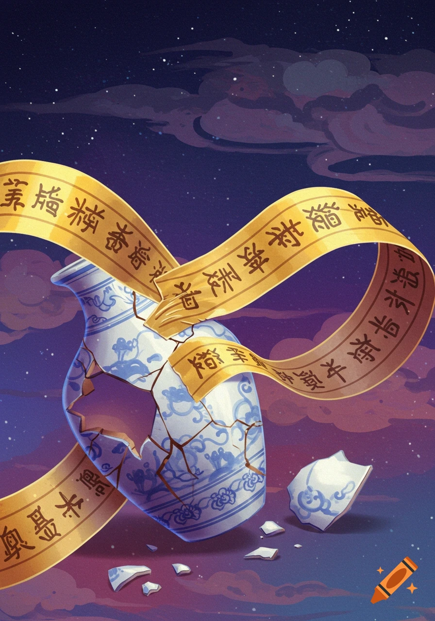 A broken blue and white ceramic vase wrapped in a yellow ribbon with characters, under a starry night sky.