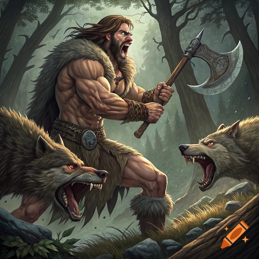 Muscular barbarian battles two snarling dire wolves in a forest with a battleaxe.