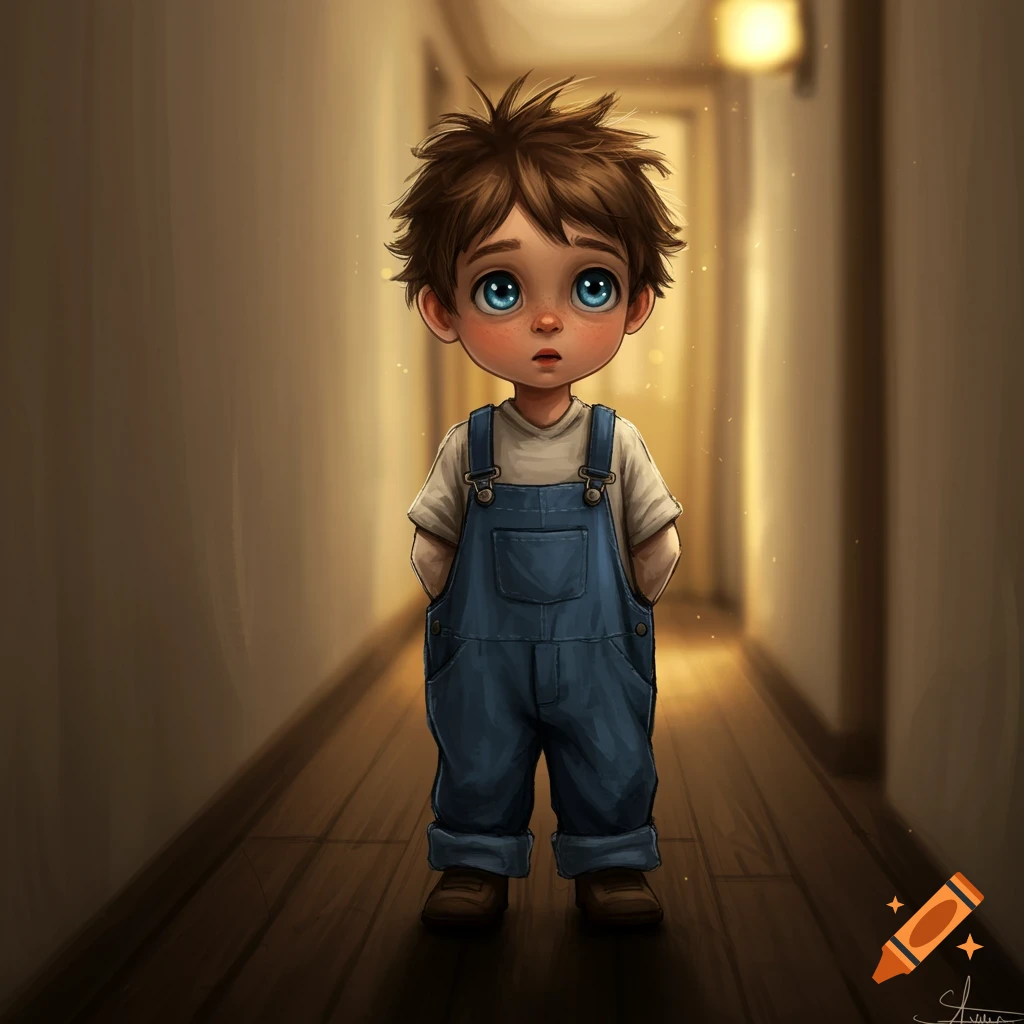 A stylized illustration of a young boy standing in a dimly lit hallway.