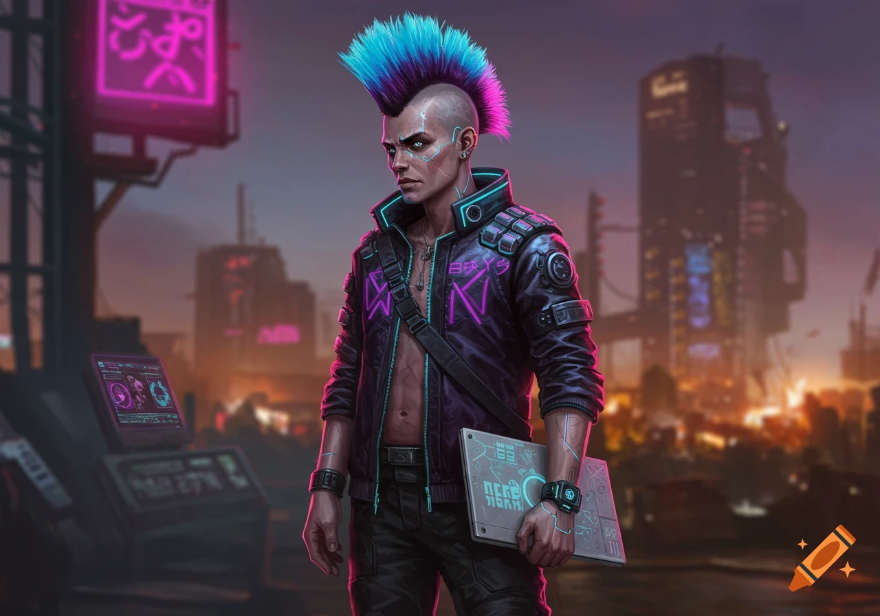 Cyberpunk character with blue/pink mohawk, glowing jacket, holding a laptop and watch in a city.