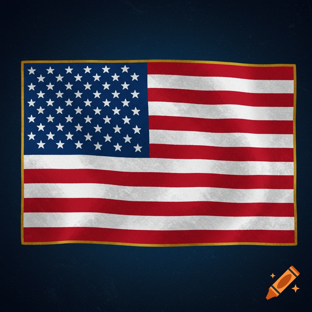 A textured American flag with a gold border against a dark blue background.