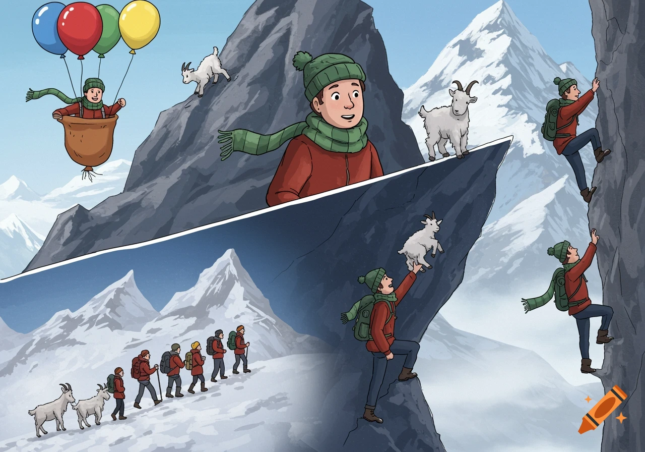 Illustration of a man in a bobble hat and scarf mountaineering, shown climbing, with goats, other climbers, and in a balloon.