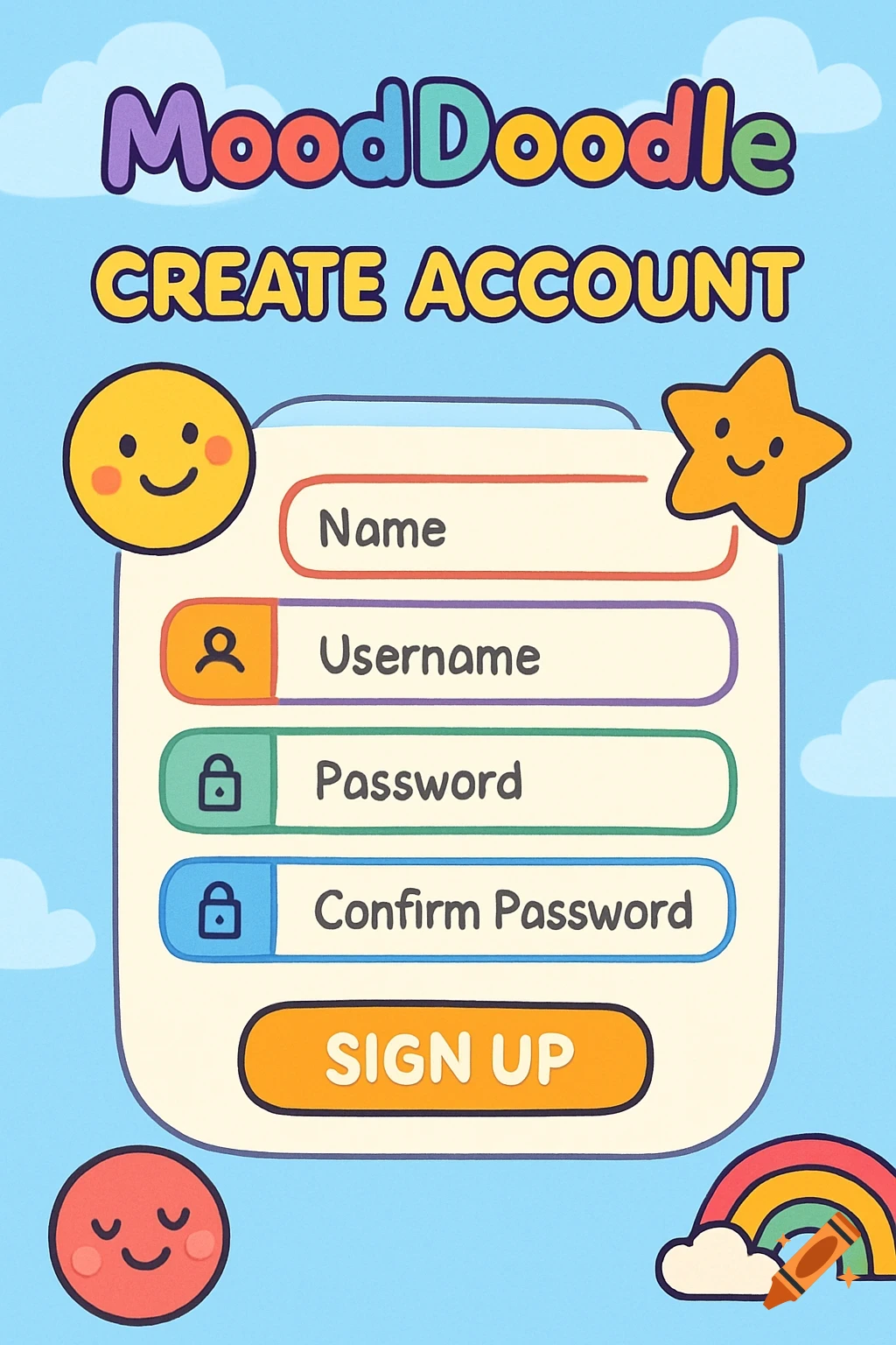 A cartoon illustration of a kid-friendly app account creation page with the title "MoodDoodle CREATE ACCOUNT" and fields for name, username, and password.