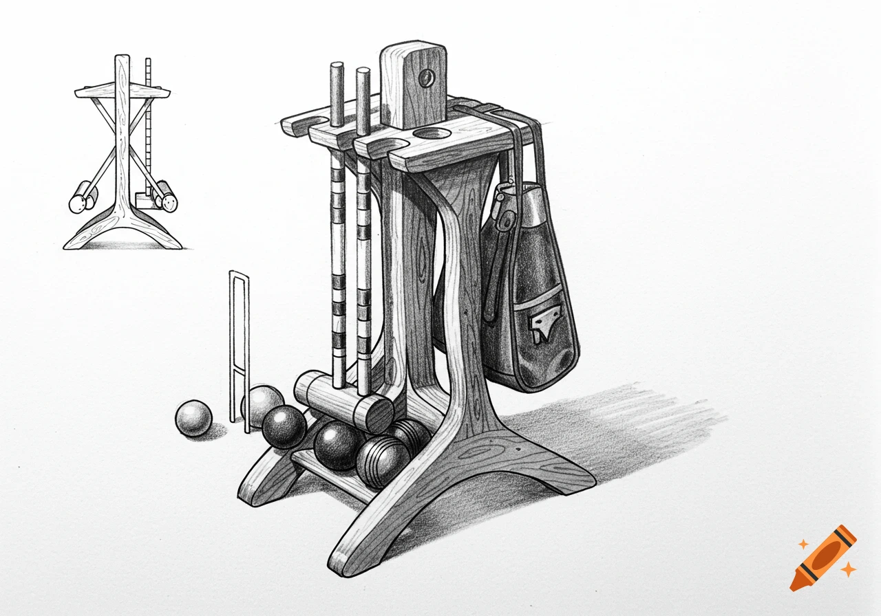 Detailed pencil sketch of a wooden croquet stand holding mallets, balls, and a bag, with additional equipment nearby.