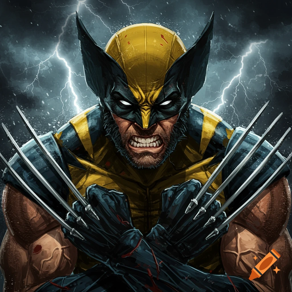 Illustration of Wolverine with claws extended against a stormy background