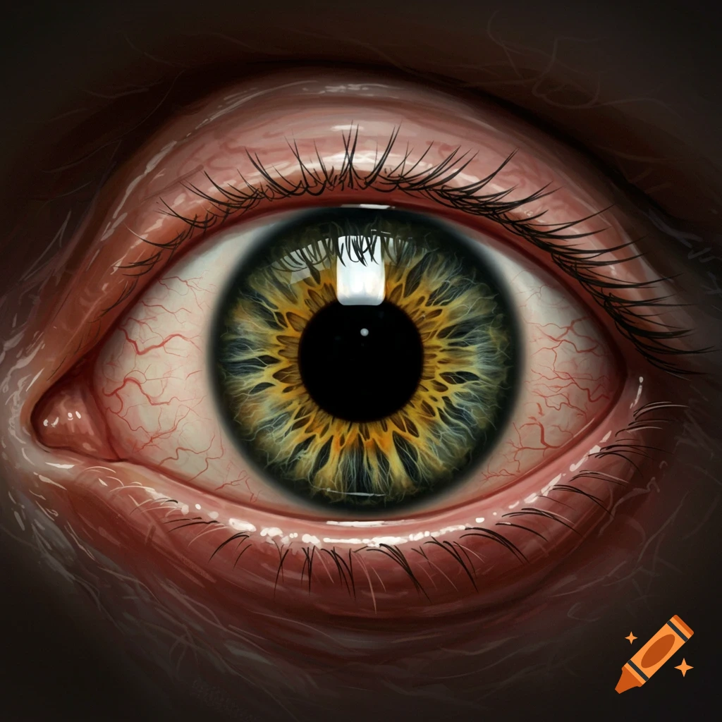 Close-up of a human eye with a detailed iris and visible veins.