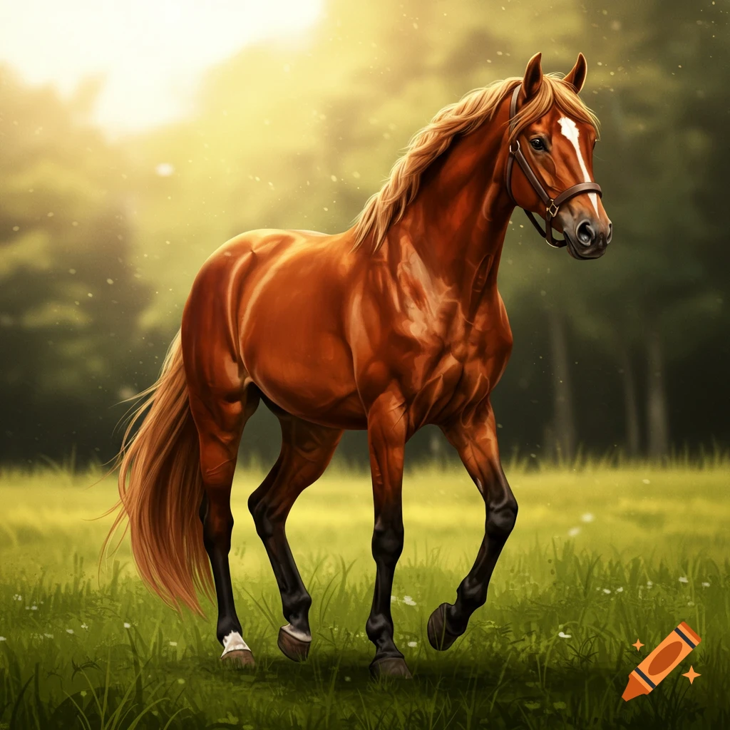 A brown horse walks through a sunlit field.