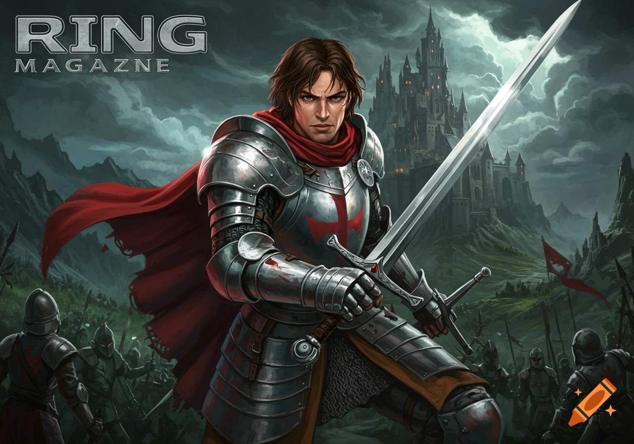 Knight in silver armor and red cape holding a sword before a castle with soldiers, digital painting.