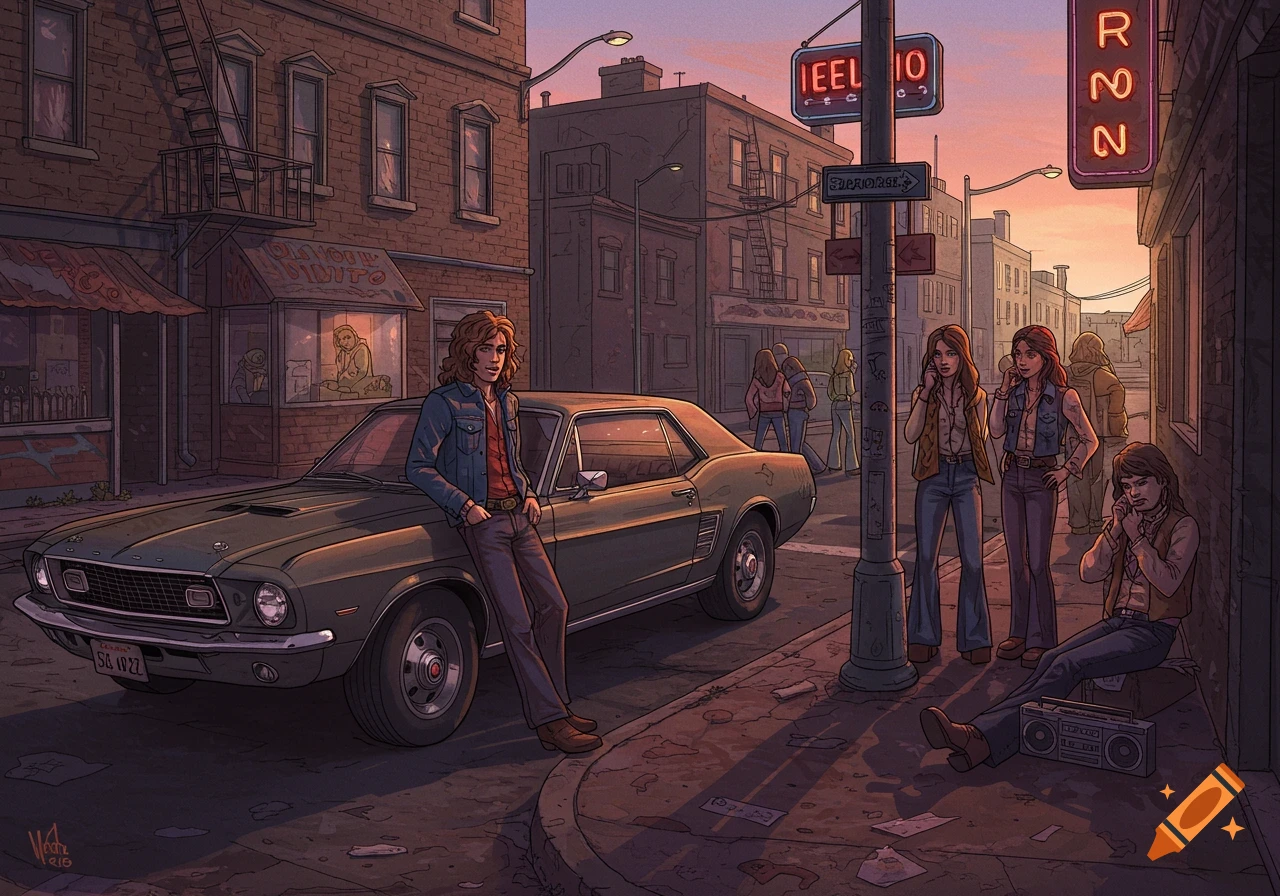 Illustration of a 1970s street corner with people hanging around a vintage car.