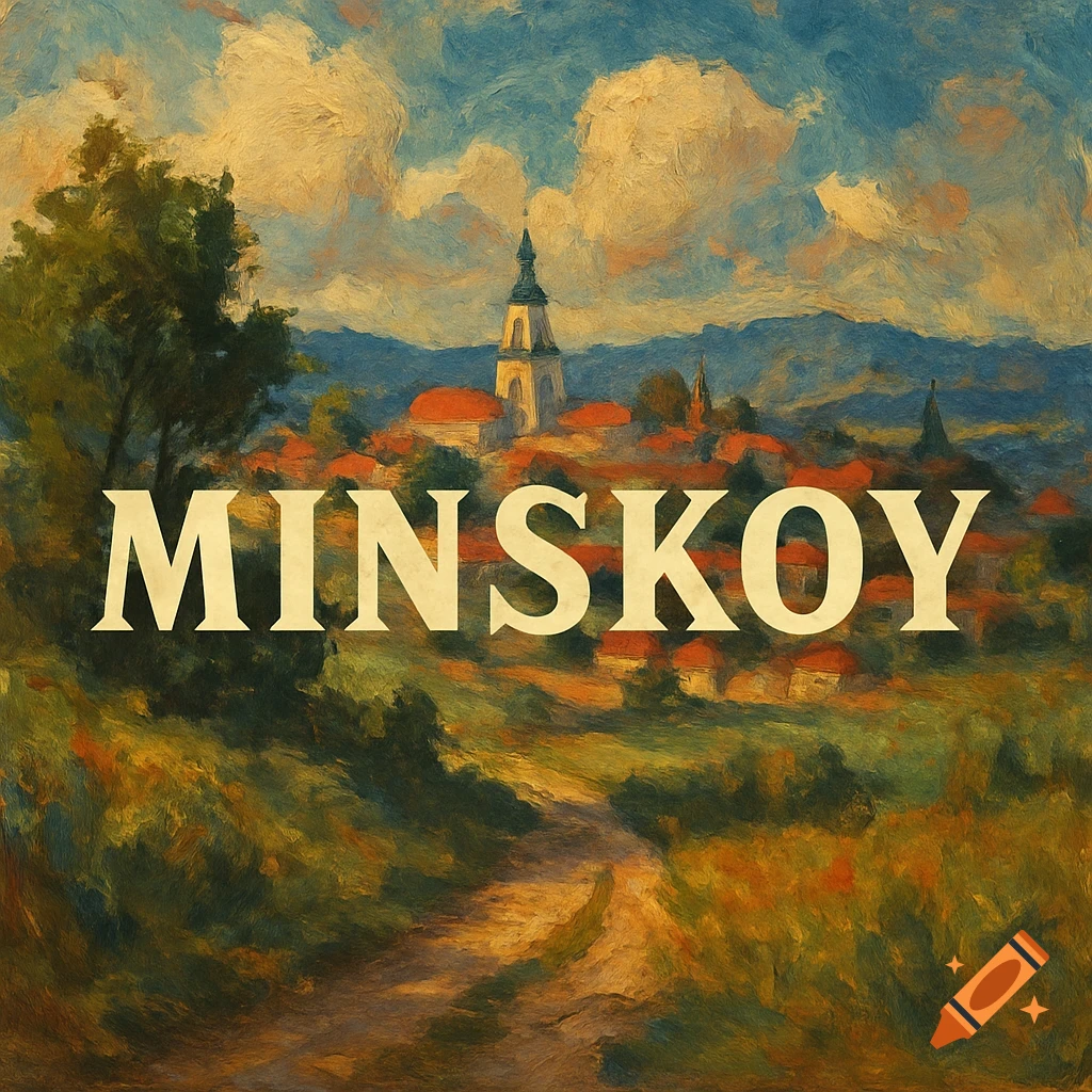 A painting of a European village landscape with a church spire, trees, and a path, with the word MINSKOY overlaid.