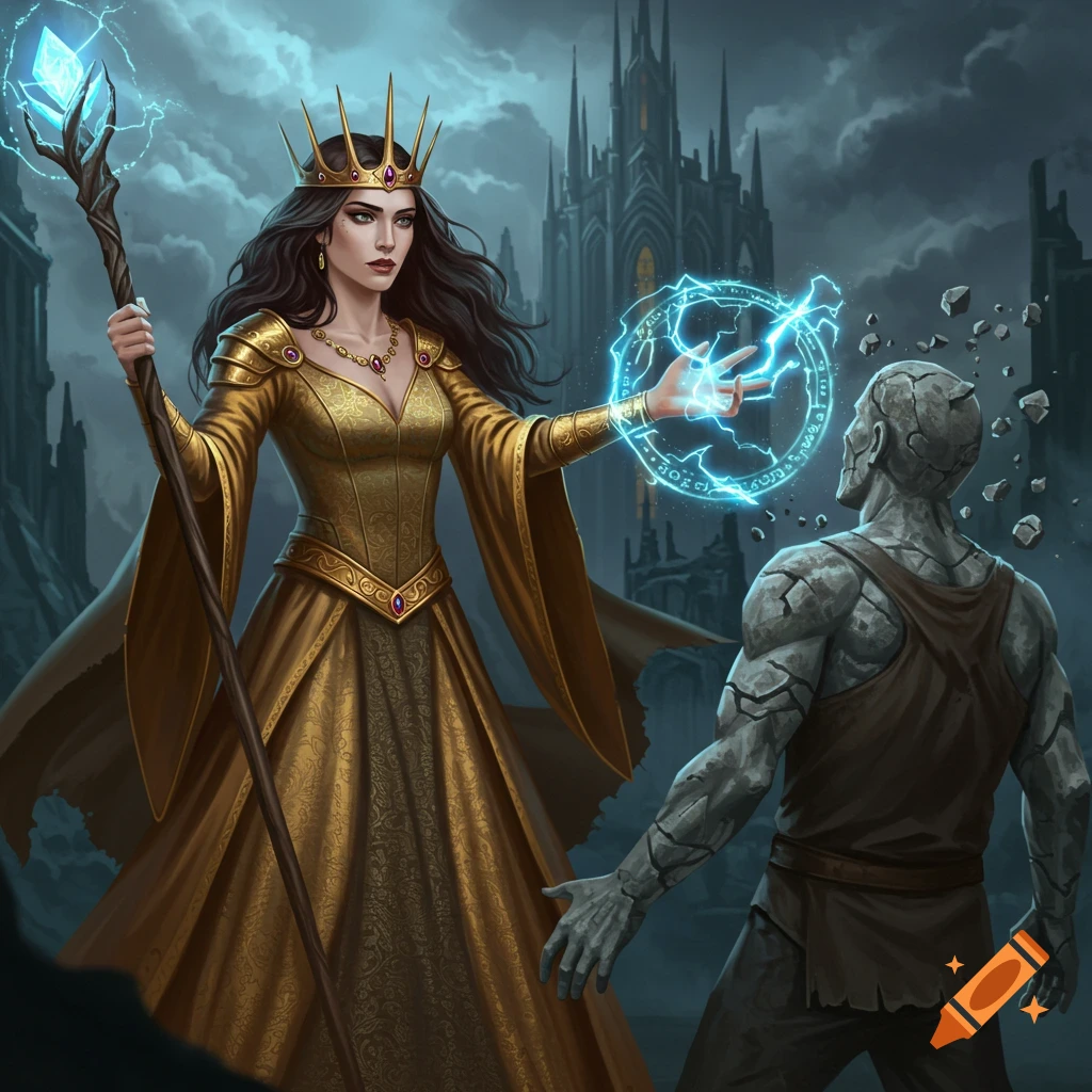 Fantasy illustration of a queen casting magic on a stone man before a castle.