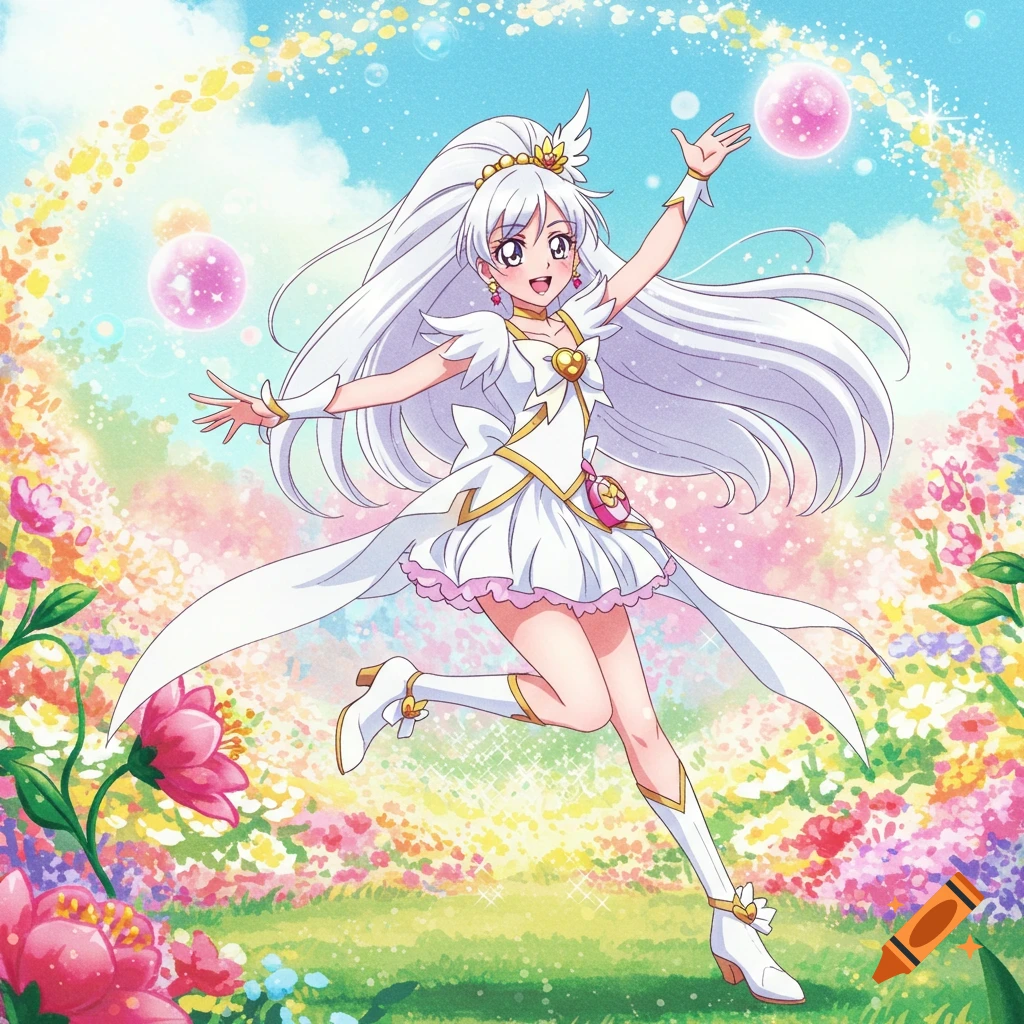 Anime girl in a white magical girl dress running through a field of colorful flowers with bubbles.