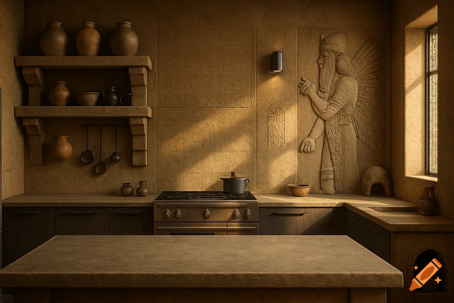A kitchen blending modern and ancient Assyrian styles with stone counters, dark cabinets, stove, pottery shelves, and wall carvings including a winged figure and cuneiform.