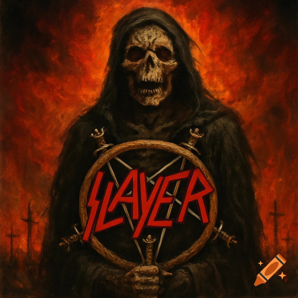 A grim reaper figure holds a pentagram with swords over the text SLAYER against a fiery background with crosses in a dark art style.