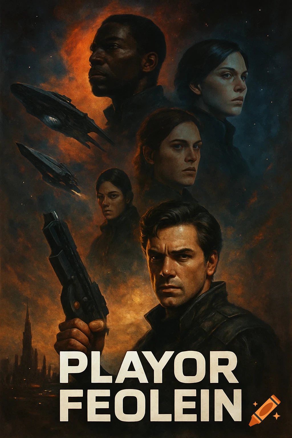 Sci-fi movie poster with character portraits, spaceships, city skyline, and title 'PLAYOR FEOLEIN'.