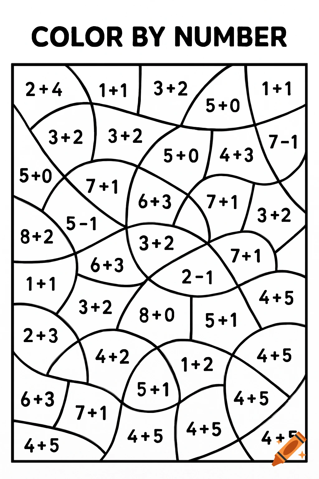 Black and white math color by number coloring page with addition and subtraction problems.