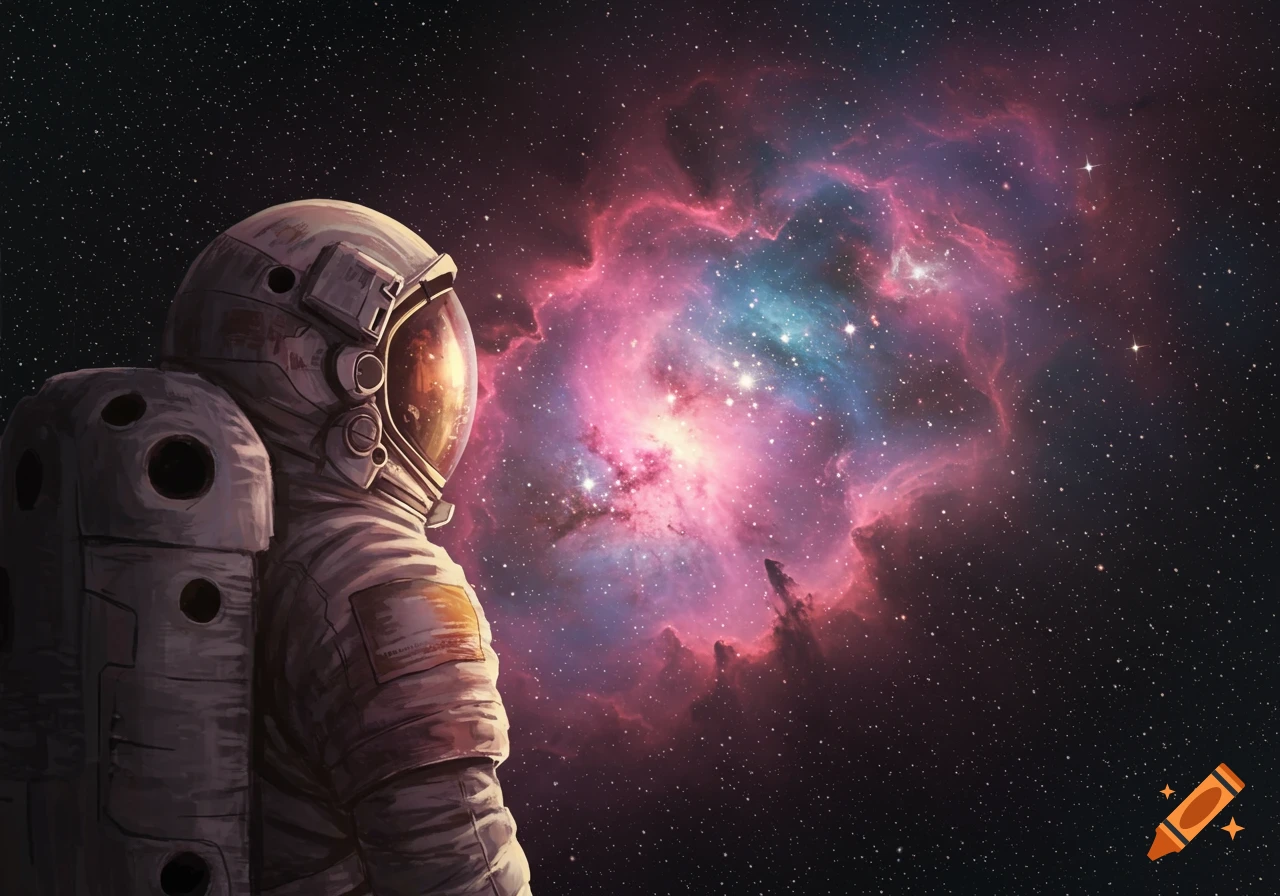 An astronaut views a vibrant nebula in space.