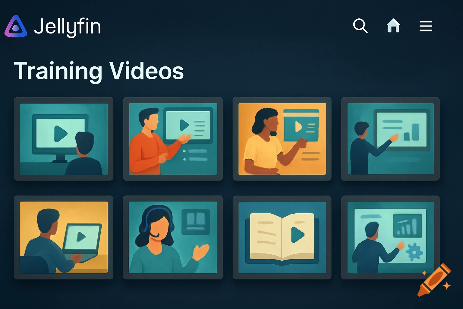 Jellyfin Training Videos title above illustrations of people learning and teaching.