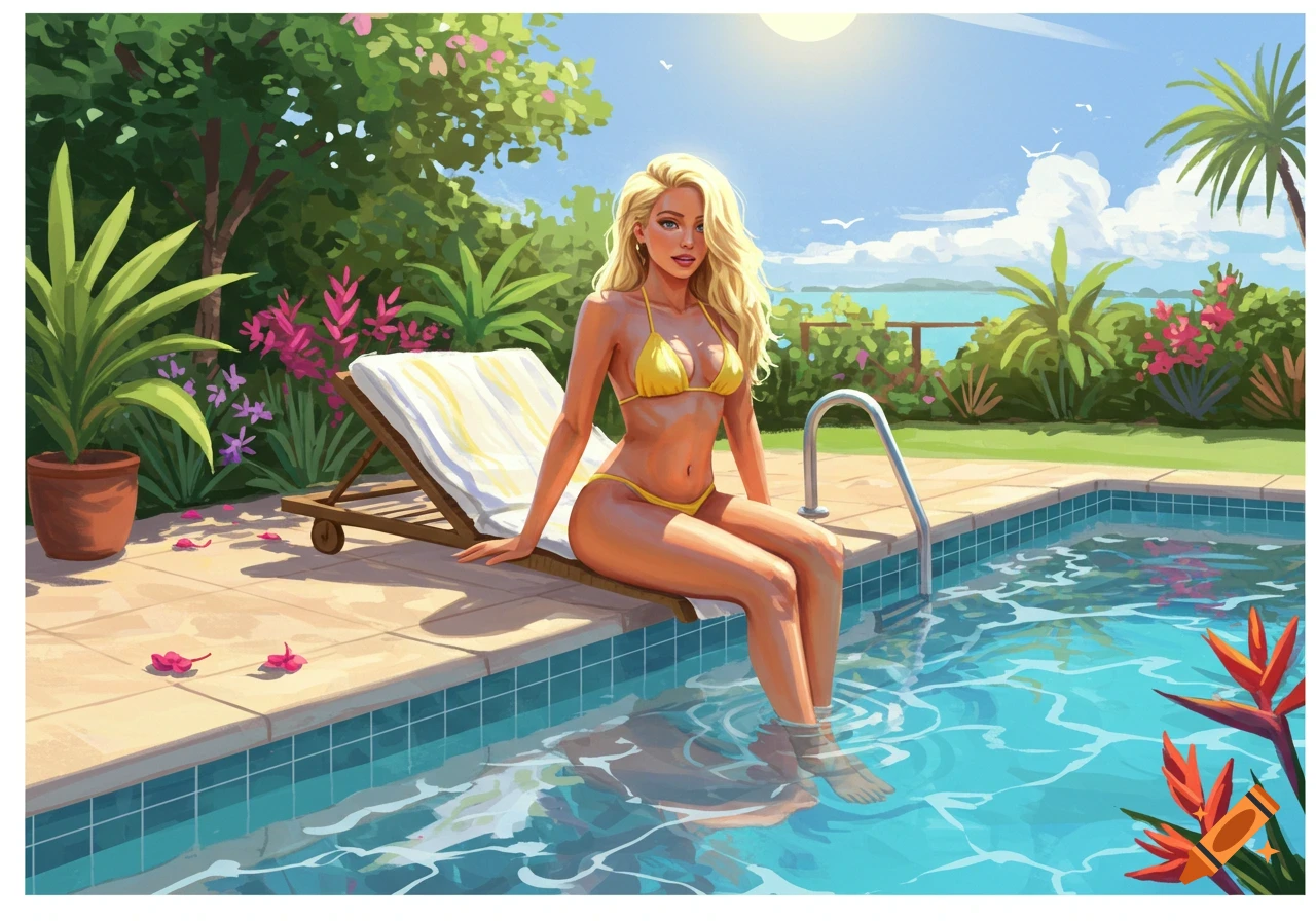 Blonde woman in yellow bikini sits by a pool in a sunny tropical garden, illustration style.