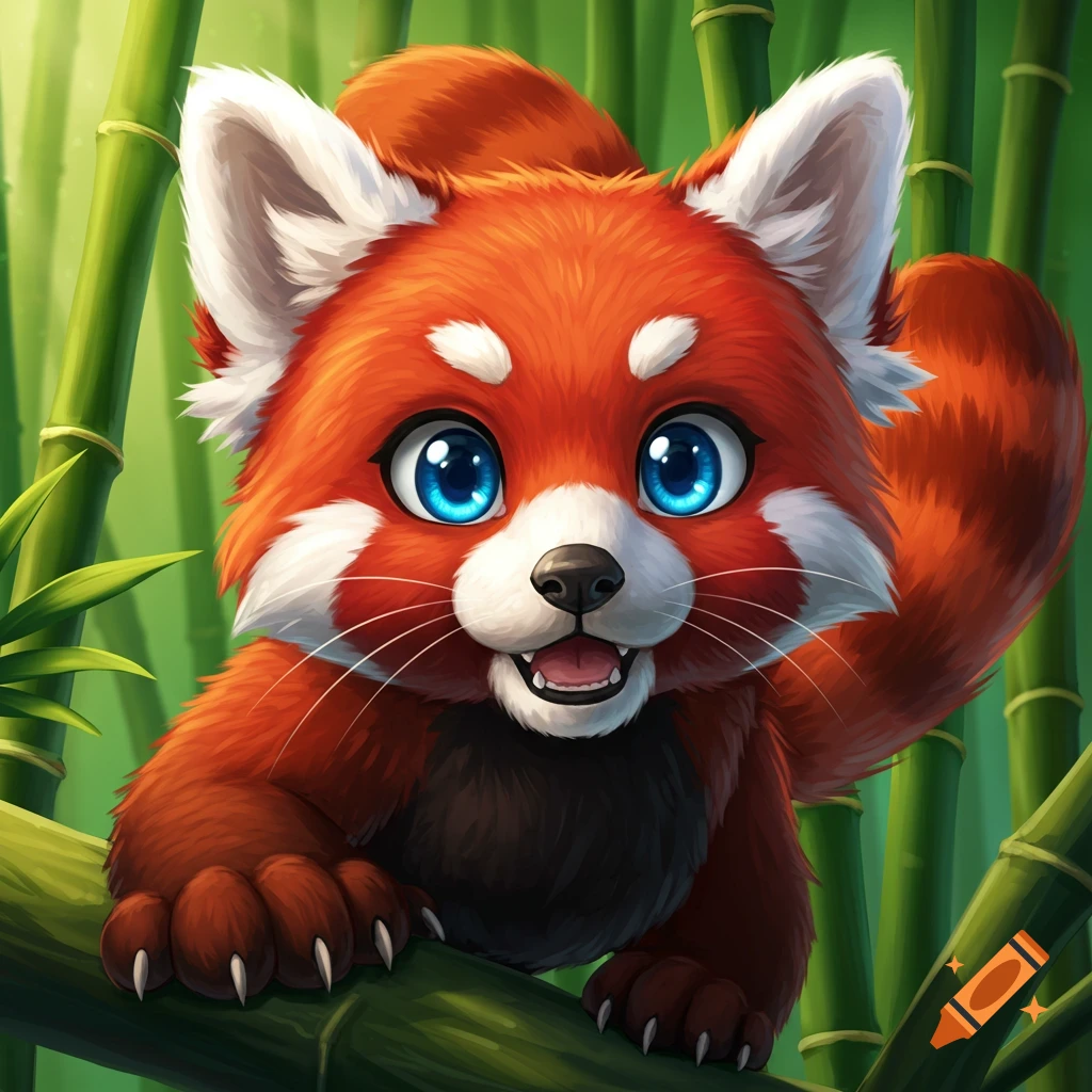 Anime style red panda with big blue eyes in a bamboo forest
