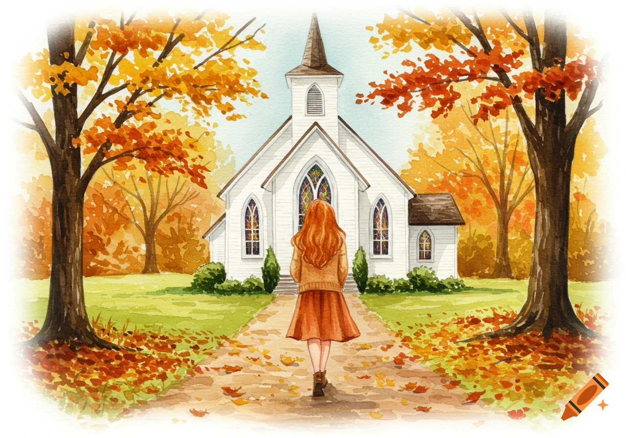 Watercolor painting of a woman walking towards a white country church surrounded by autumn trees.