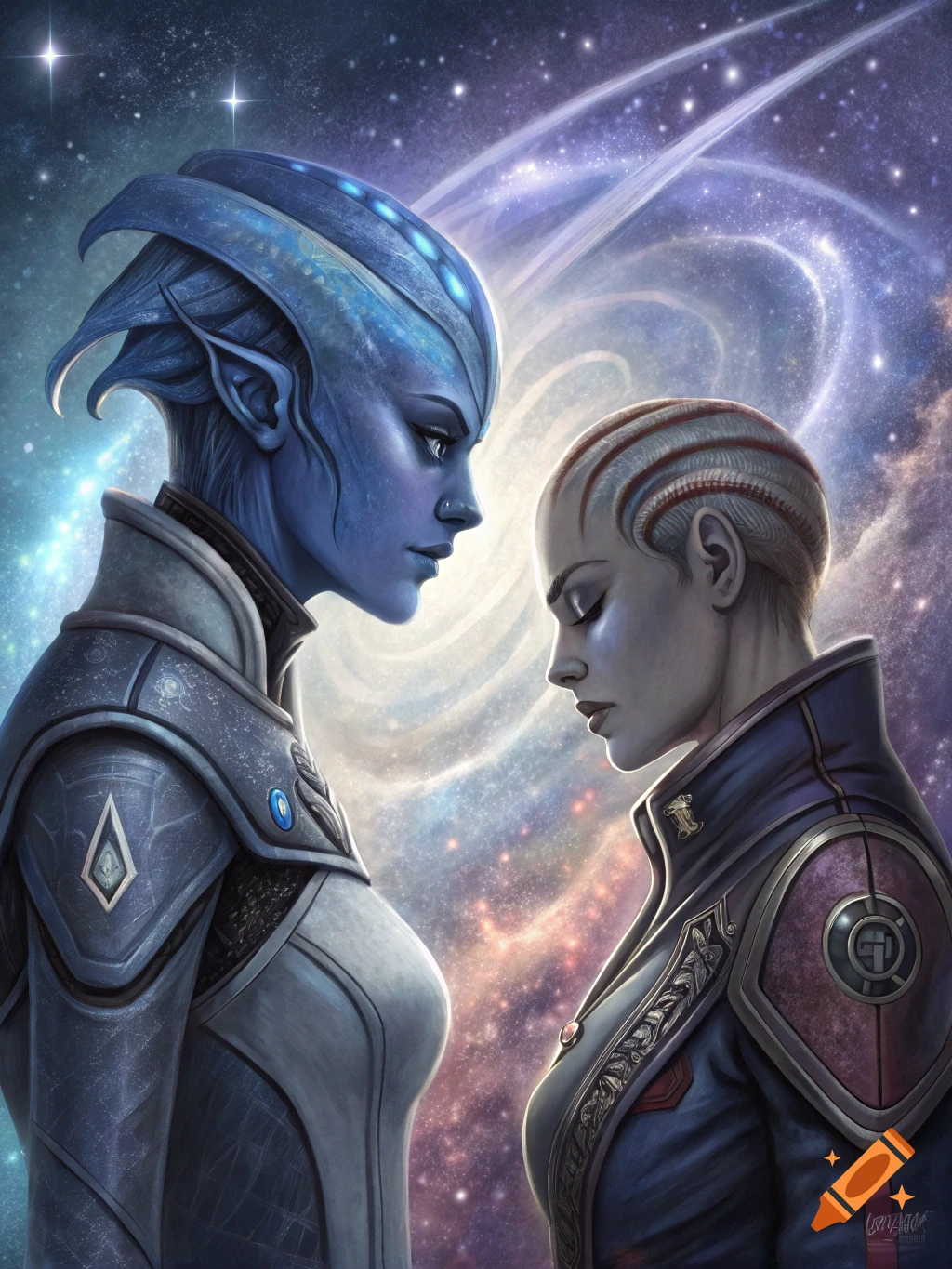 Two alien women in futuristic armor facing each other against a backdrop of a galaxy and stars.