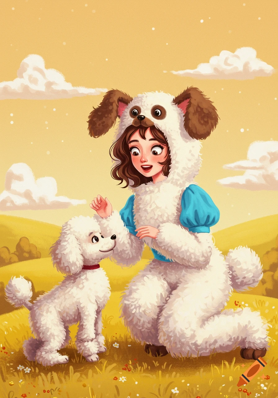 A cartoon of a girl in a dog costume playing with a white poodle in a field.