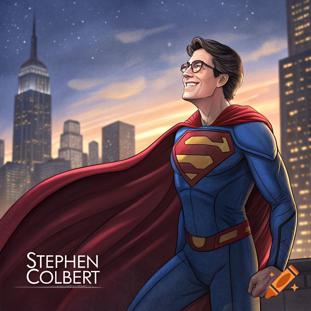 Comic art illustration of Stephen Colbert as Superman standing on a rooftop overlooking a city at sunset.