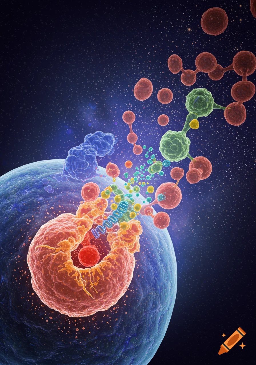 3D rendering of biological structures including a cell, DNA double helix, and various molecules.