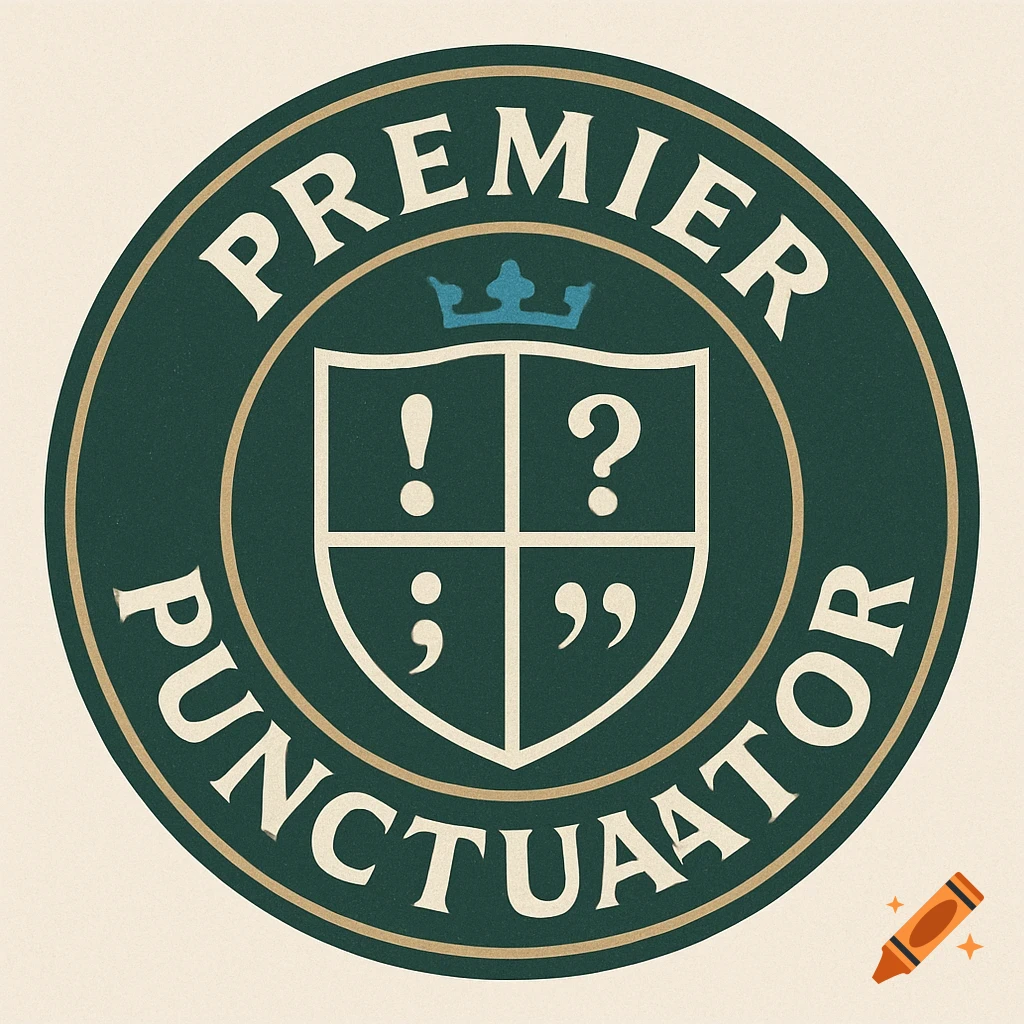 Circular green and gold badge with crest featuring punctuation marks (!, ?, ;, ") and text 'Premier Punctuator'.