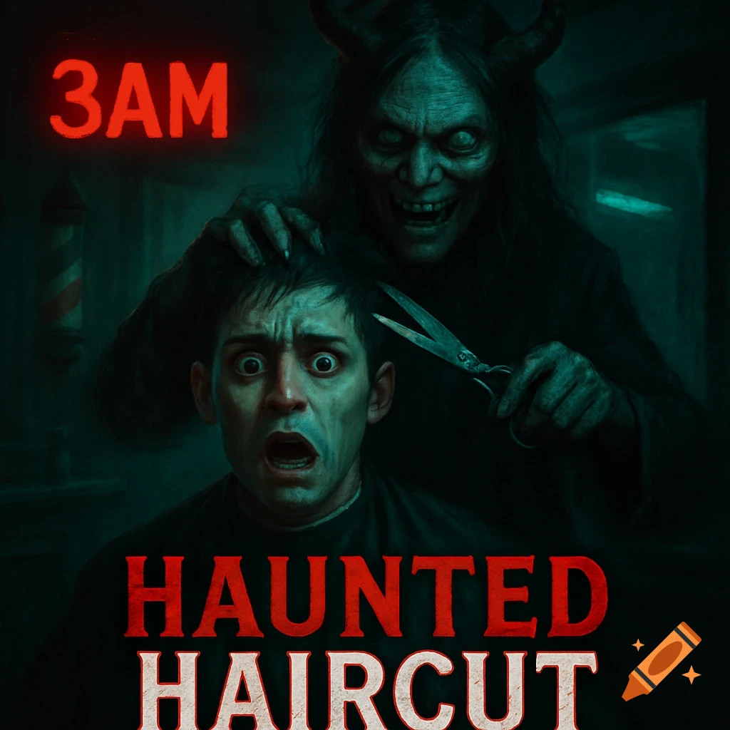 Scared man gets haunted haircut from a demon in a dark barbershop. Text reads '3AM HAUNTED HAIRCUT'.