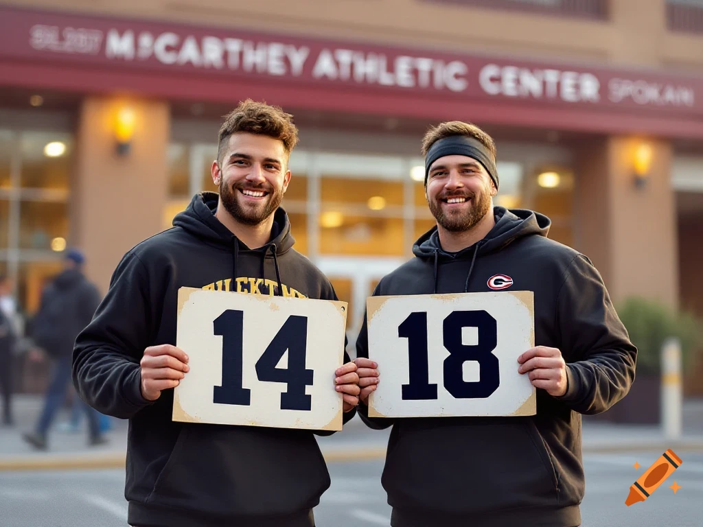 Two men hold signs with the numbers 14 and 18 in front of an athletic center building.