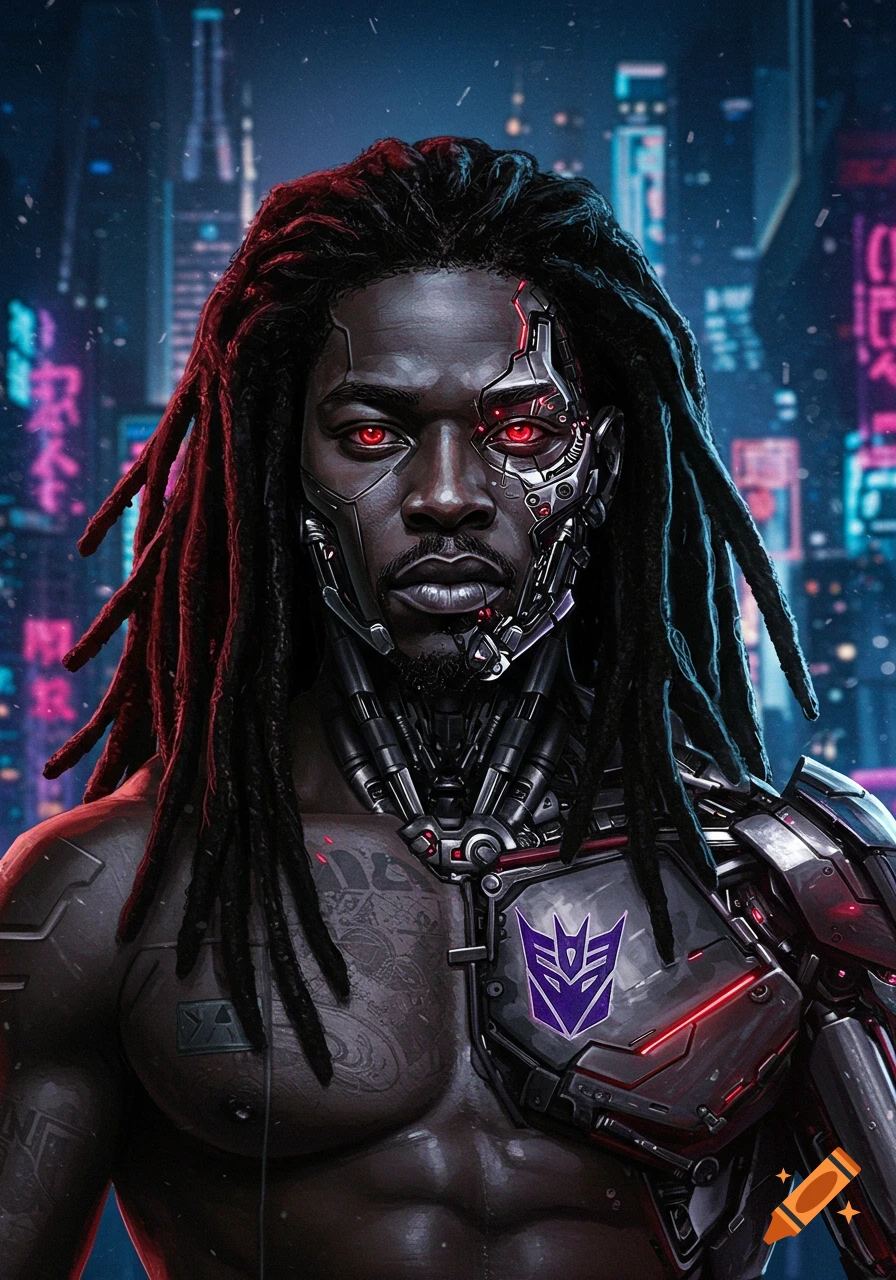 Cyberpunk portrait of a man with dreadlocks, cyborg implants, and a Decepticon symbol on his chest against a futuristic city background.