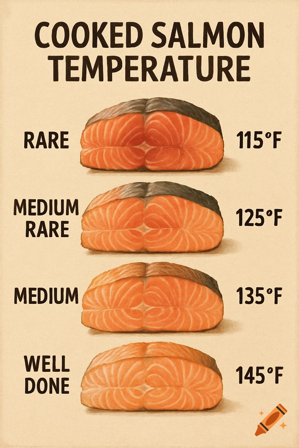 Illustration of a cooked salmon temperature guide with doneness levels and temperatures.