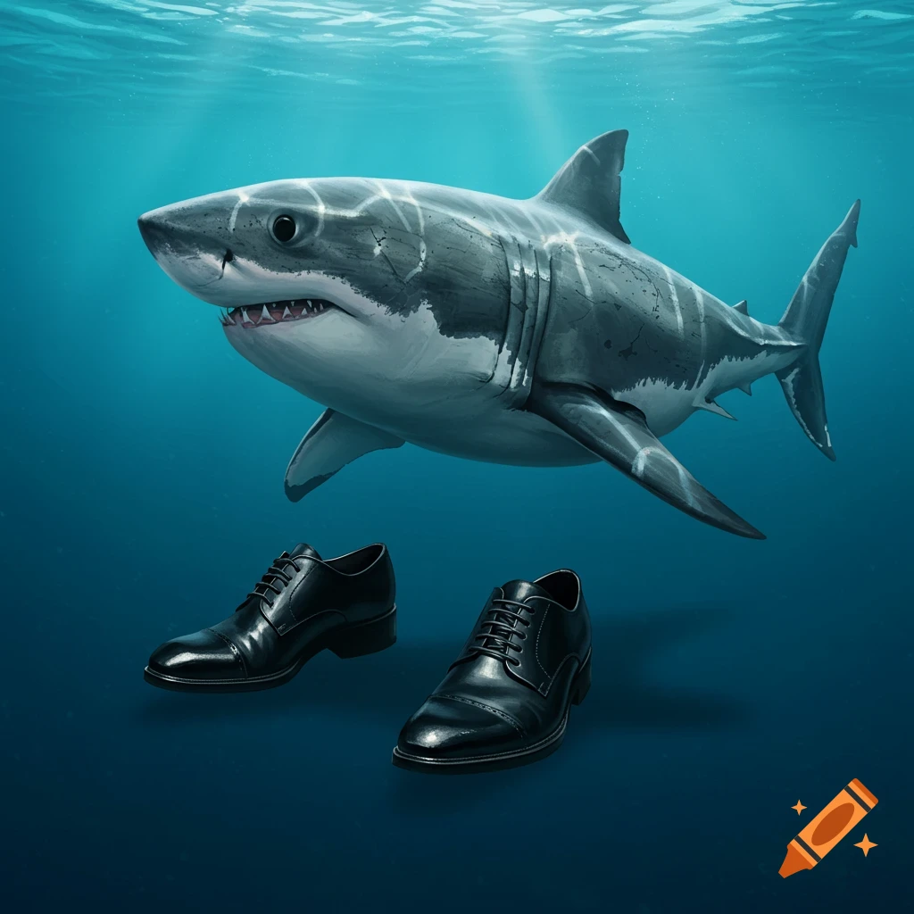 A great white shark swims underwater with two black dress shoes floating below it. Photorealistic style.