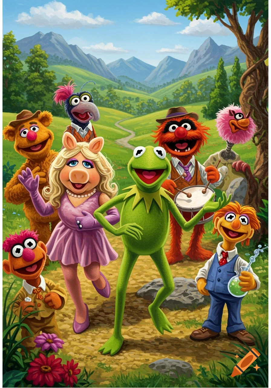 Muppets characters stand in a sunny grassy valley with mountains in the background, illustration style.