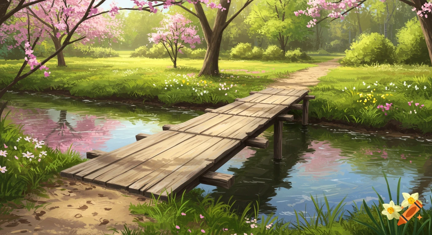A wooden footbridge spans a river in a lush spring landscape with pink flowering trees and green grass.