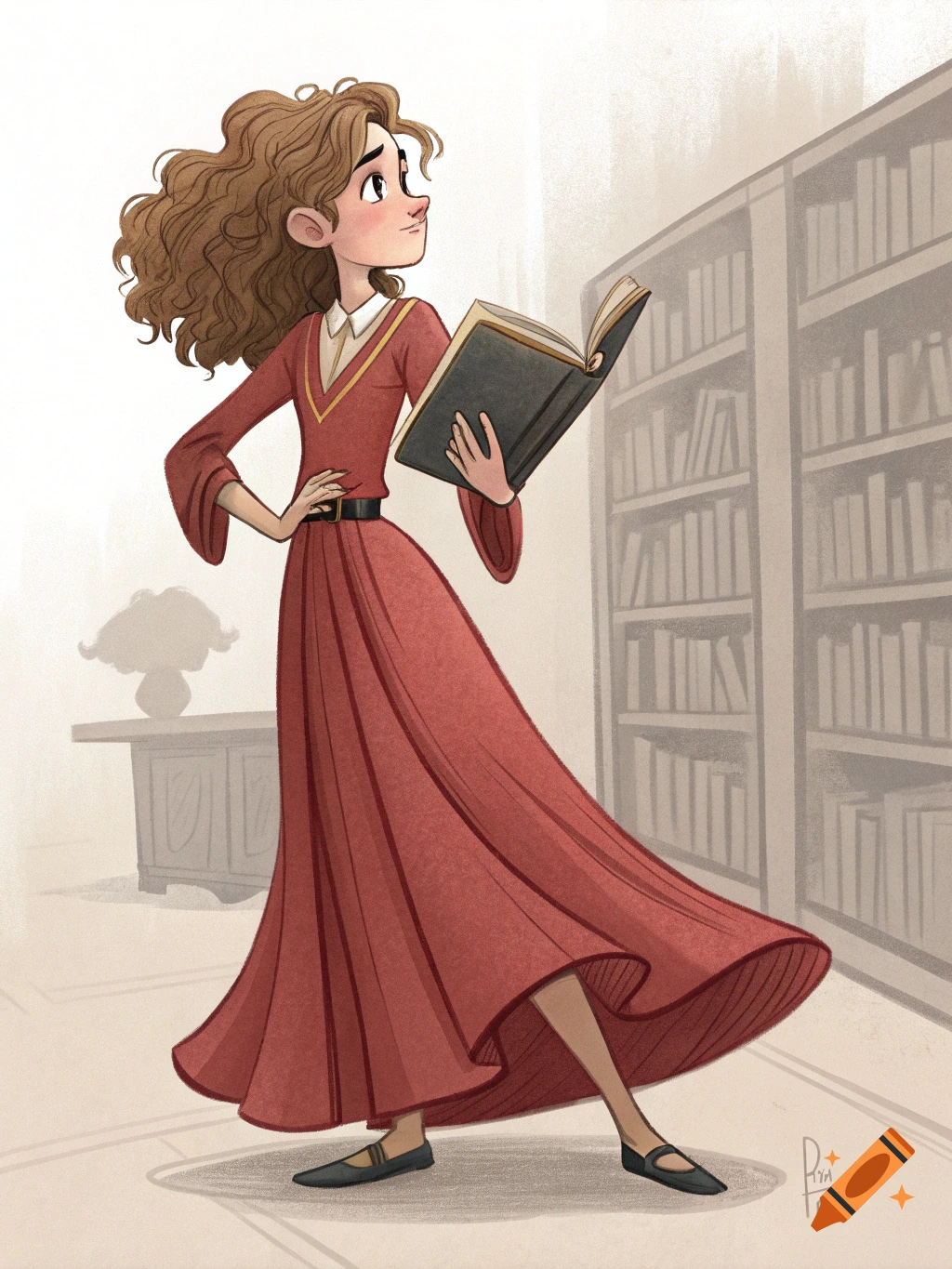 Stylized illustration of a young woman in a red dress holding a book in a library.