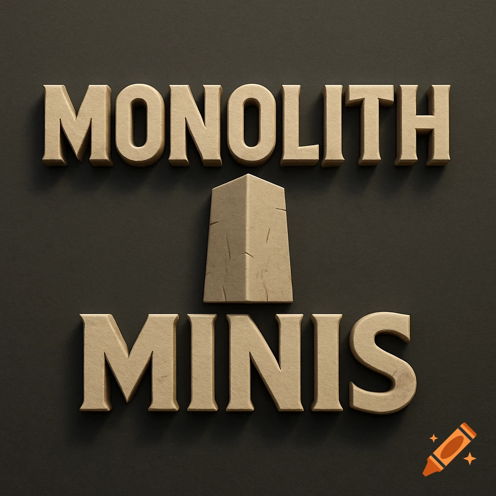A 3D logo featuring the words MONOLITH and MINIS with a monolith shape in between.