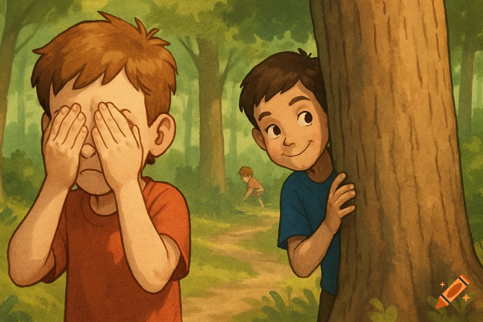 Three children play hide and seek in a sunlit forest clearing, illustration.