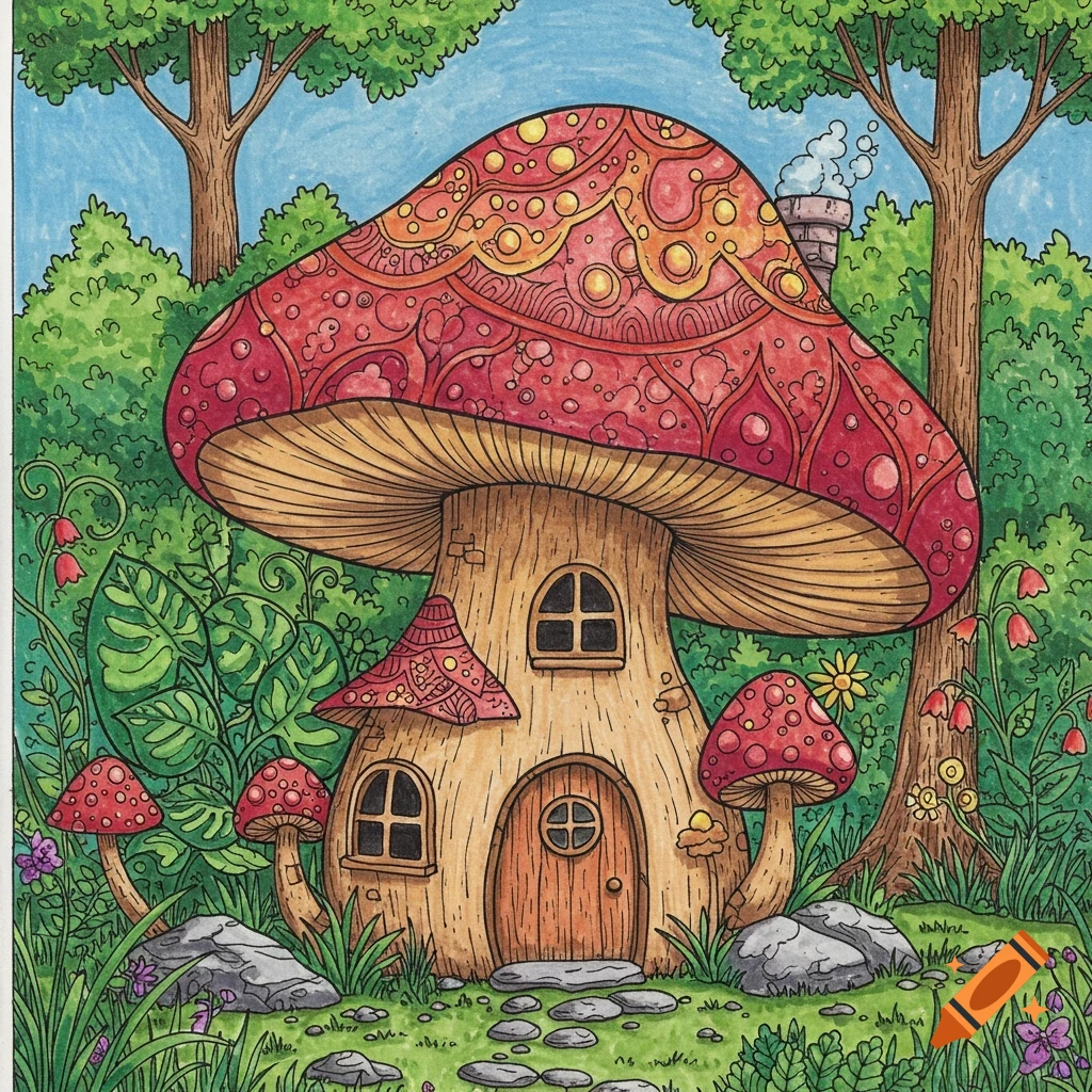 Adult coloring page illustration of a whimsical mushroom house with a decorative cap in a forest clearing.